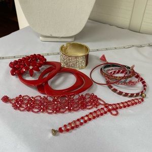 Large group of 12 various red color bracelets